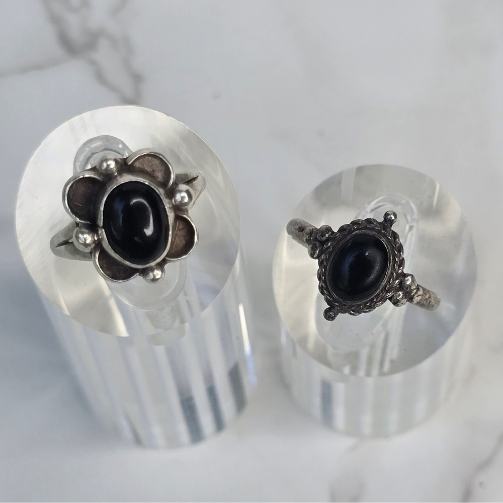 Vintage FAS 925 Sterling Silver Black Onyx Rings Floral Ornate Sizes 5 & 6.5 - Picture 2 of 8